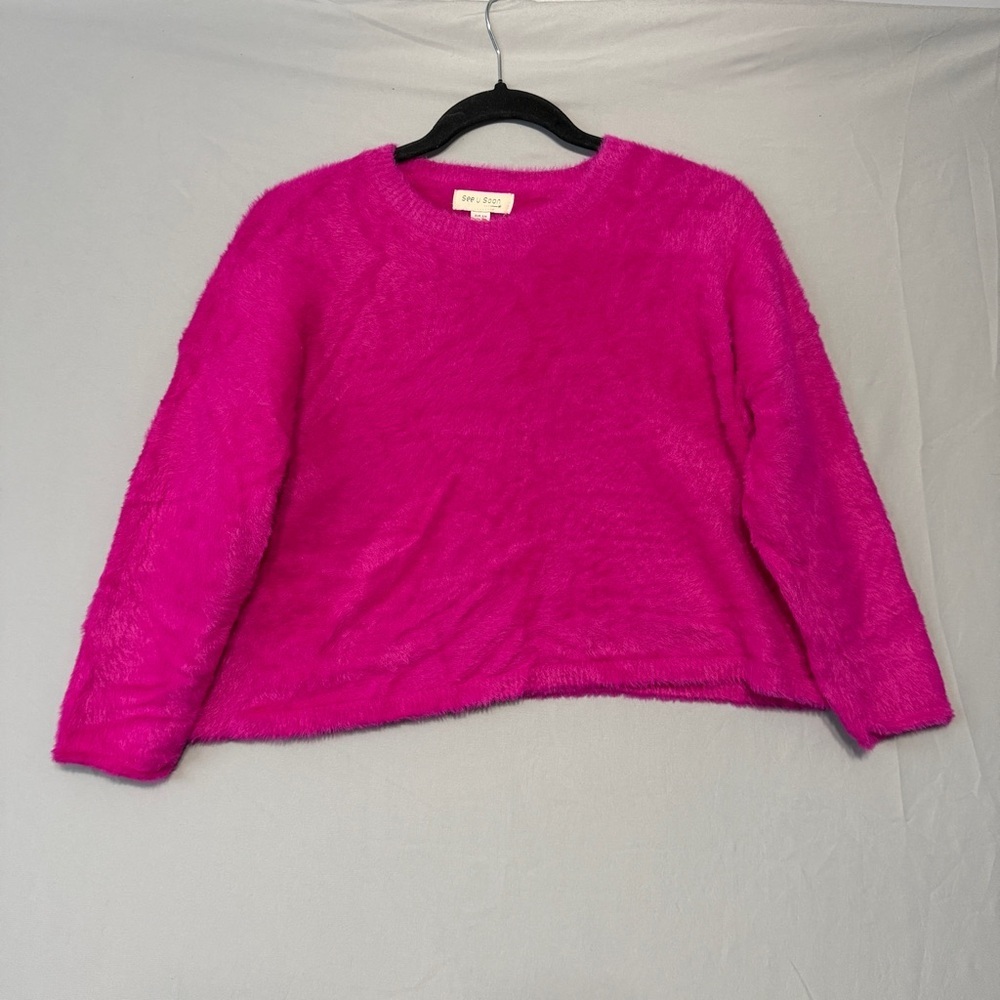 See You Soon Anthropologie Womens Fuzzy Cropped Sweater Size S/M Bright Pink